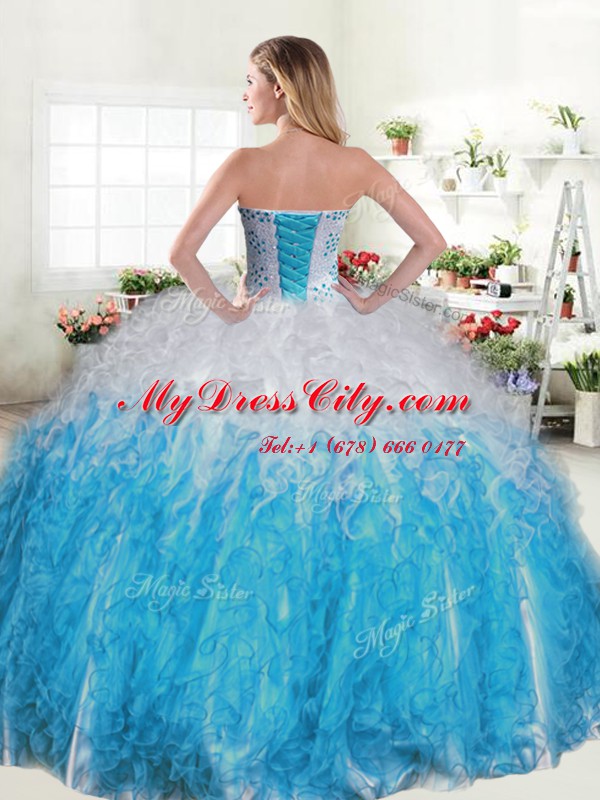 Pretty Blue And White Ball Gowns Beading and Ruffles Ball Gown Prom Dress Lace Up Organza Sleeveless Floor Length