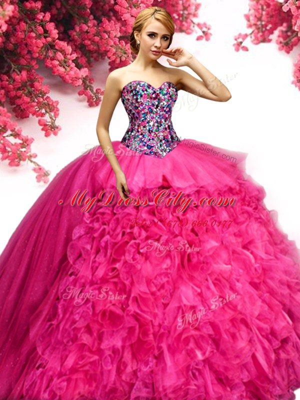 Hot Pink Sweetheart Lace Up Beading and Ruffles Quinceanera Dresses Sleeveless