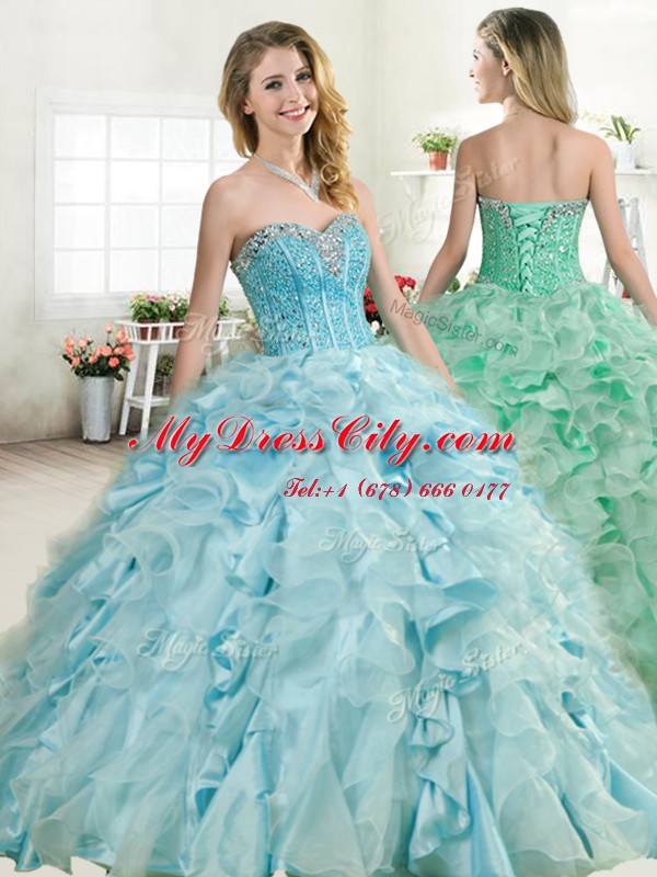 New Arrival Baby Blue Sweetheart Neckline Beading and Ruffles 15 Quinceanera Dress Sleeveless Lace Up