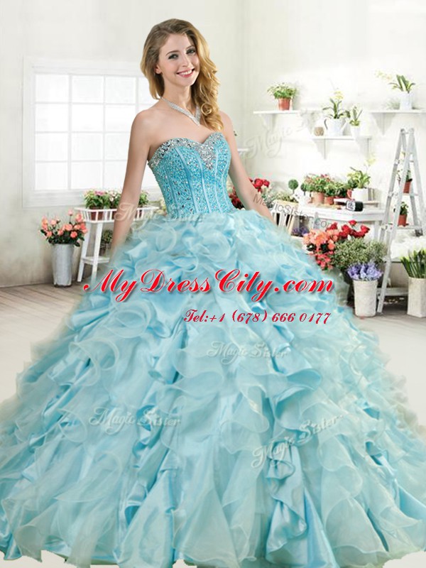 New Arrival Baby Blue Sweetheart Neckline Beading and Ruffles 15 Quinceanera Dress Sleeveless Lace Up