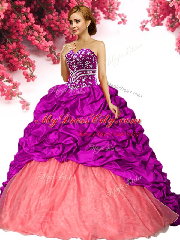 Dramatic Fuchsia Taffeta Lace Up Sweetheart Sleeveless Sweet 16 Dress Brush Train Beading and Pick Ups