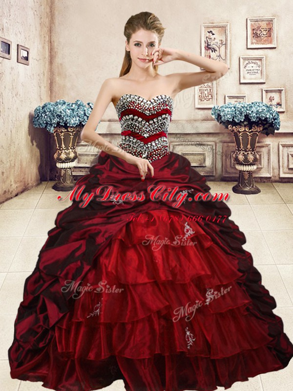 Customized Wine Red Sweetheart Lace Up Beading and Appliques and Ruffled Layers and Pick Ups Sweet 16 Dress Sleeveless