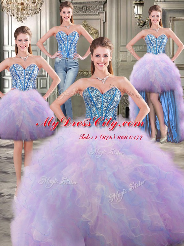 Four Piece Multi-color Ball Gowns Tulle Sweetheart Sleeveless Beading and Ruffles Floor Length Lace Up Quinceanera Dresses