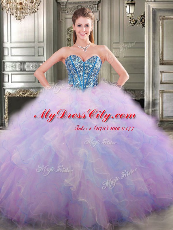 Four Piece Multi-color Ball Gowns Tulle Sweetheart Sleeveless Beading and Ruffles Floor Length Lace Up Quinceanera Dresses