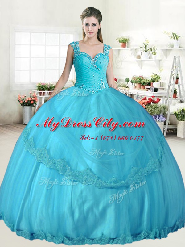 Straps Aqua Blue Sleeveless Floor Length Beading Lace Up Ball Gown Prom Dress