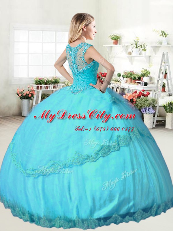 Straps Aqua Blue Sleeveless Floor Length Beading Lace Up Ball Gown Prom Dress