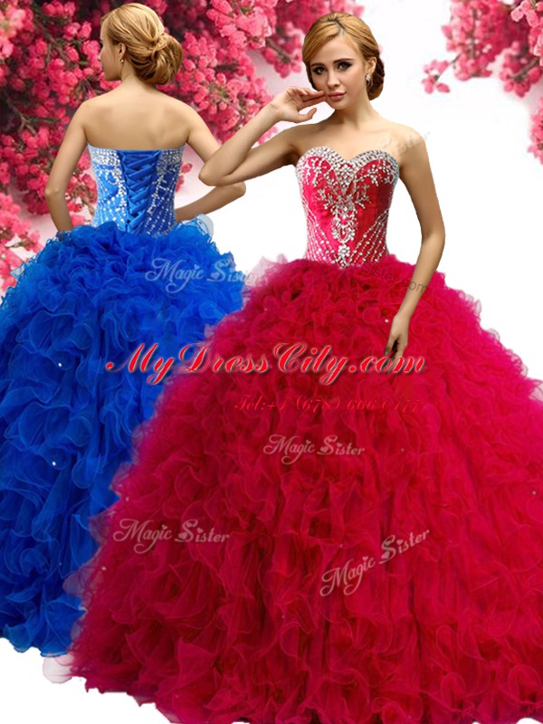 Red Ball Gowns Tulle Sweetheart Sleeveless Beading and Ruffles Floor Length Lace Up Ball Gown Prom Dress