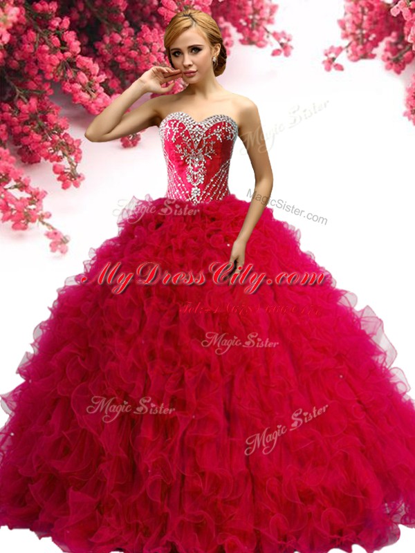 Red Ball Gowns Tulle Sweetheart Sleeveless Beading and Ruffles Floor Length Lace Up Ball Gown Prom Dress