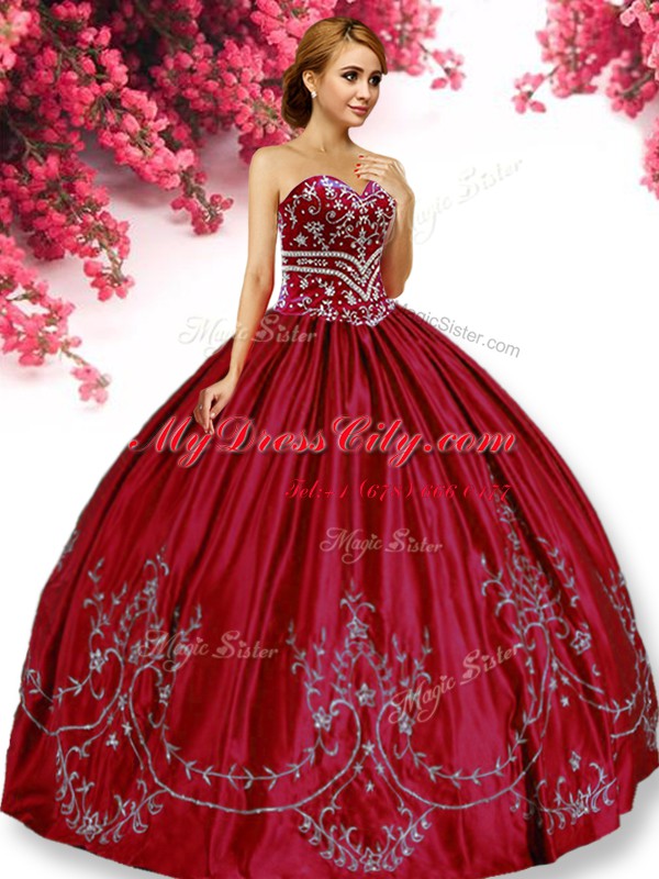 Wine Red Lace Up 15 Quinceanera Dress Embroidery Sleeveless Floor Length