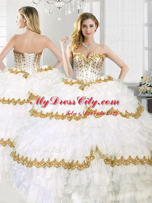 Ruffled Floor Length Ball Gowns Sleeveless White Sweet 16 Quinceanera Dress Lace Up