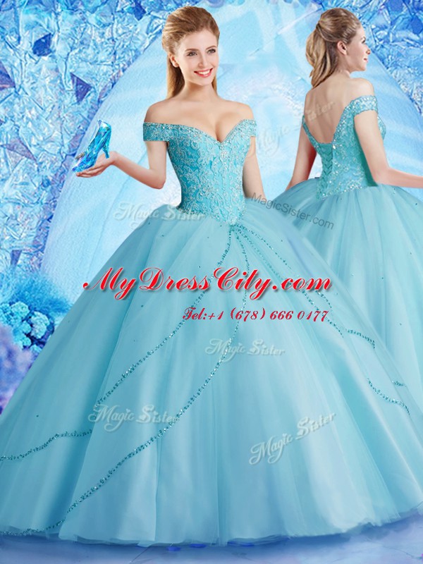 Chic Off the Shoulder With Train Aqua Blue Sweet 16 Dresses Tulle Brush Train Sleeveless Beading