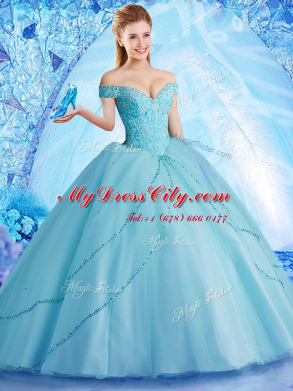 Chic Off the Shoulder With Train Aqua Blue Sweet 16 Dresses Tulle Brush Train Sleeveless Beading