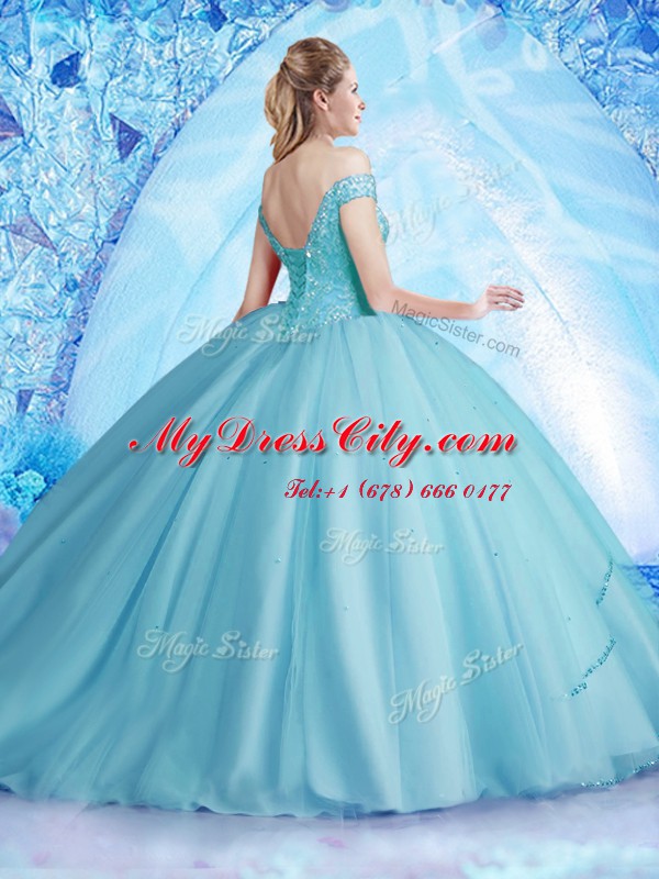 Chic Off the Shoulder With Train Aqua Blue Sweet 16 Dresses Tulle Brush Train Sleeveless Beading