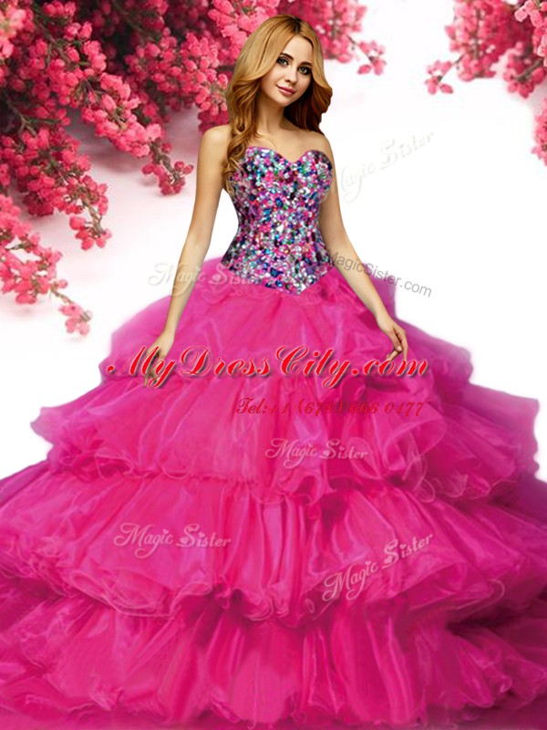 Fuchsia Ball Gowns Beading and Ruffled Layers Quinceanera Dress Lace Up Organza Sleeveless Floor Length