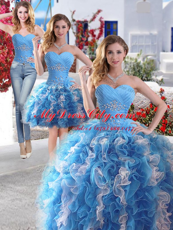 Three Piece Ball Gowns Quinceanera Gowns Blue And White Sweetheart Organza Sleeveless Floor Length Lace Up