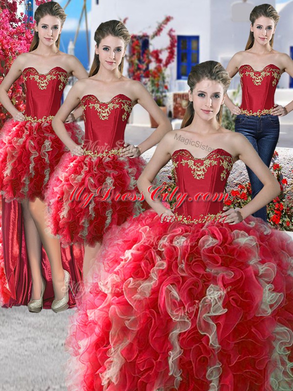 Four Piece Floor Length Red Quinceanera Gown Sweetheart Sleeveless Lace Up