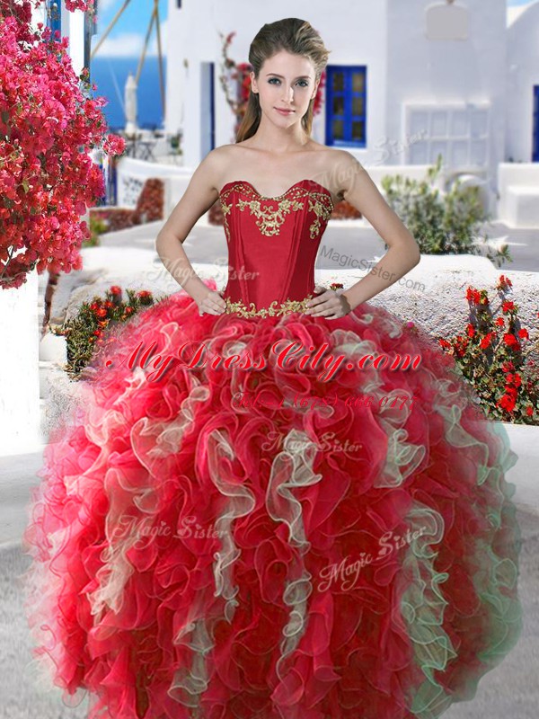 Four Piece Floor Length Red Quinceanera Gown Sweetheart Sleeveless Lace Up