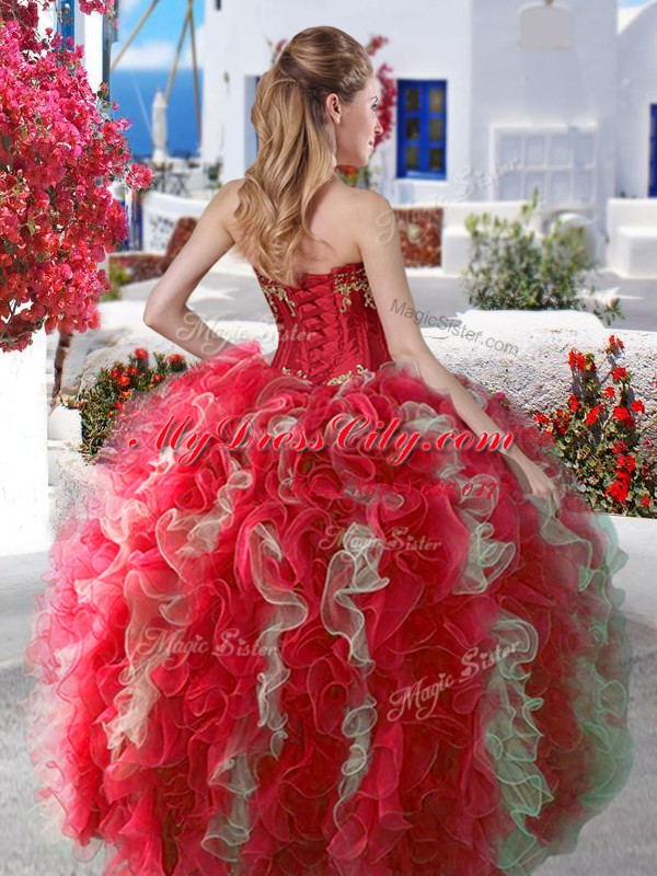 Four Piece Floor Length Red Quinceanera Gown Sweetheart Sleeveless Lace Up