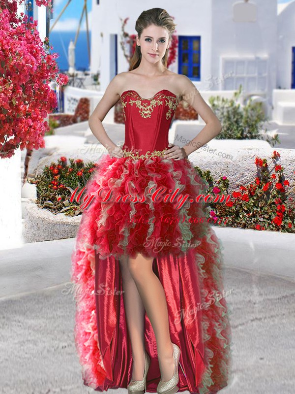 Four Piece Floor Length Red Quinceanera Gown Sweetheart Sleeveless Lace Up