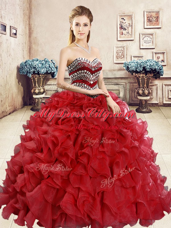 Red Sweetheart Lace Up Beading and Ruffles Quinceanera Gown Sleeveless