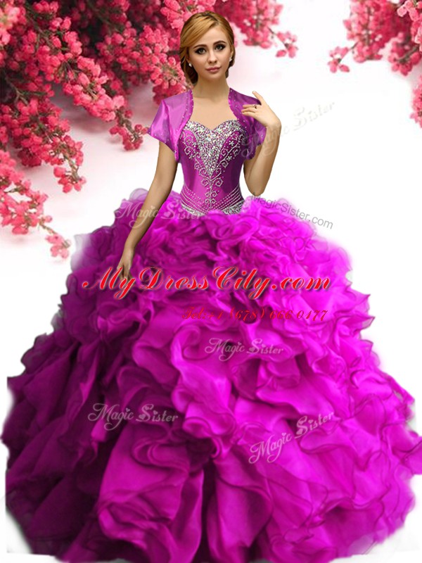 Shining Fuchsia Sleeveless Beading and Ruffles Floor Length Quinceanera Dresses