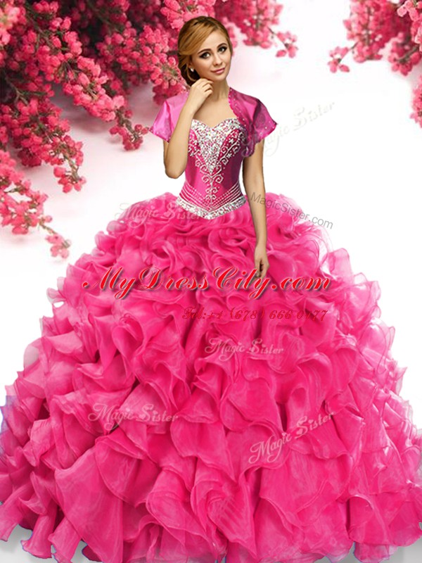 Modern Hot Pink Ball Gowns Sweetheart Sleeveless Organza With Train Sweep Train Lace Up Beading and Ruffles Sweet 16 Dresses