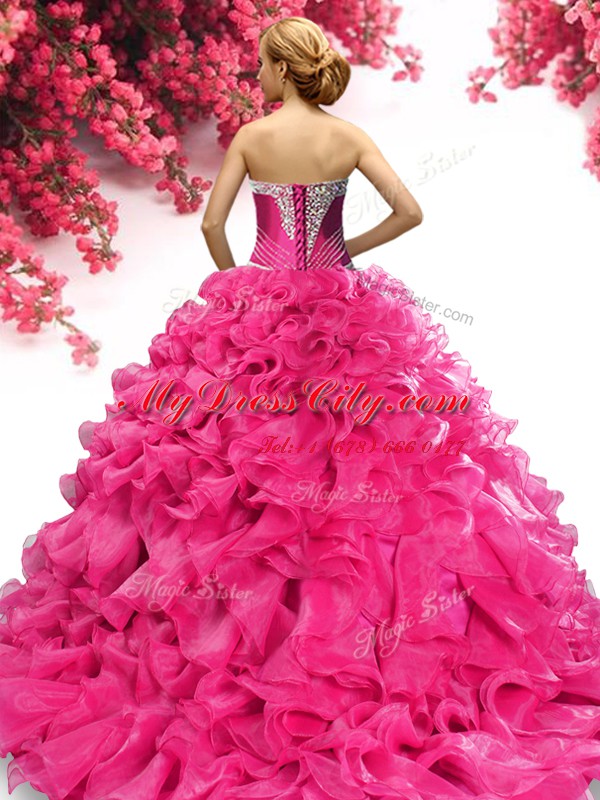 Modern Hot Pink Ball Gowns Sweetheart Sleeveless Organza With Train Sweep Train Lace Up Beading and Ruffles Sweet 16 Dresses