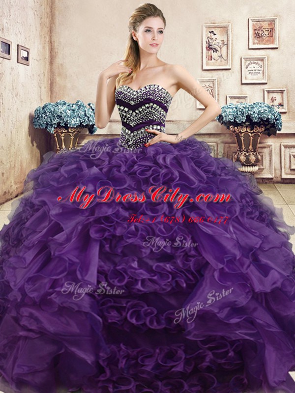 Purple Organza Lace Up Sweetheart Sleeveless Floor Length Vestidos de Quinceanera Beading and Ruffles