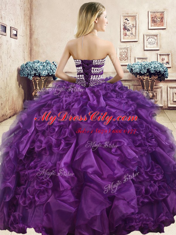 Purple Organza Lace Up Sweetheart Sleeveless Floor Length Vestidos de Quinceanera Beading and Ruffles