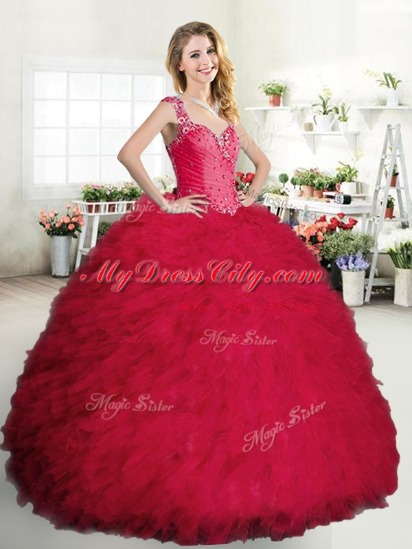 Modest Straps Tulle Sleeveless Floor Length Quince Ball Gowns and Beading and Ruffles