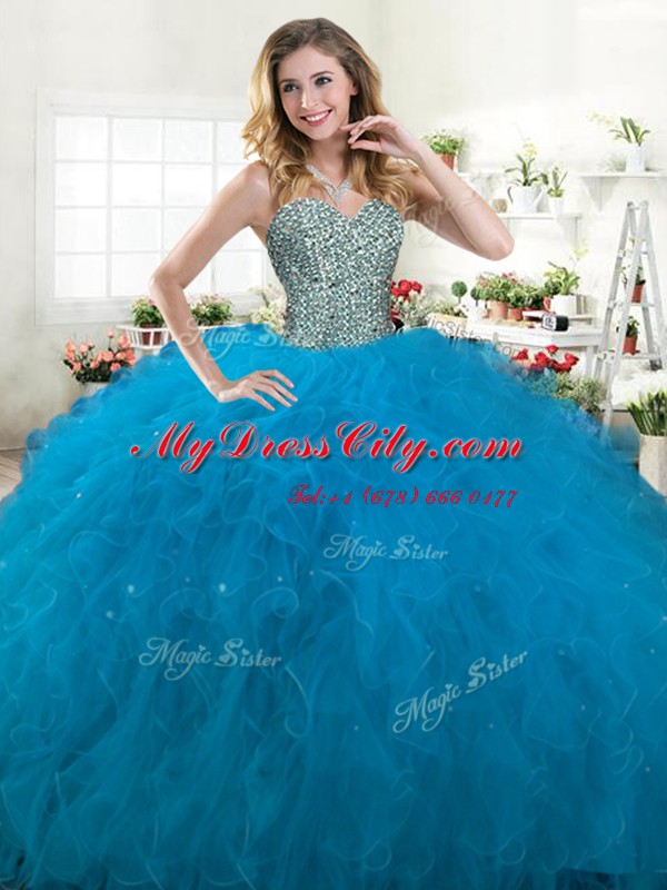 Cheap Teal Sweetheart Lace Up Beading and Ruffles 15th Birthday Dress Sleeveless