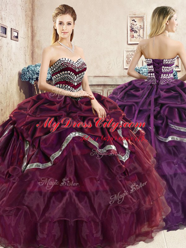 Attractive Burgundy and Purple Ball Gowns Sweetheart Sleeveless Organza Floor Length Lace Up Beading and Ruffled Layers and Pick Ups Sweet 16 Dress