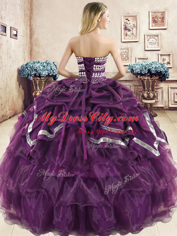 Attractive Burgundy and Purple Ball Gowns Sweetheart Sleeveless Organza Floor Length Lace Up Beading and Ruffled Layers and Pick Ups Sweet 16 Dress