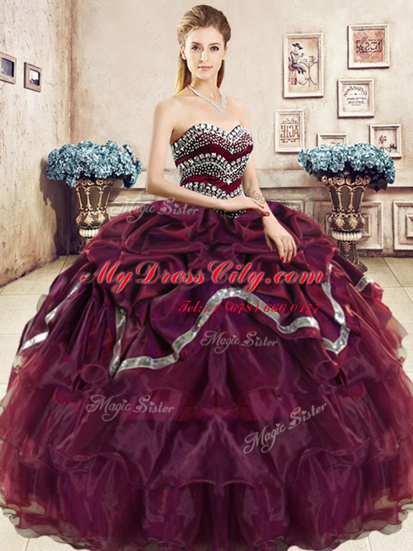 Attractive Burgundy and Purple Ball Gowns Sweetheart Sleeveless Organza Floor Length Lace Up Beading and Ruffled Layers and Pick Ups Sweet 16 Dress