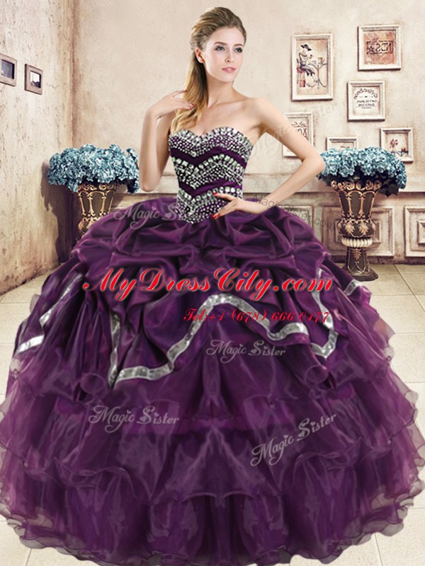 Attractive Burgundy and Purple Ball Gowns Sweetheart Sleeveless Organza Floor Length Lace Up Beading and Ruffled Layers and Pick Ups Sweet 16 Dress