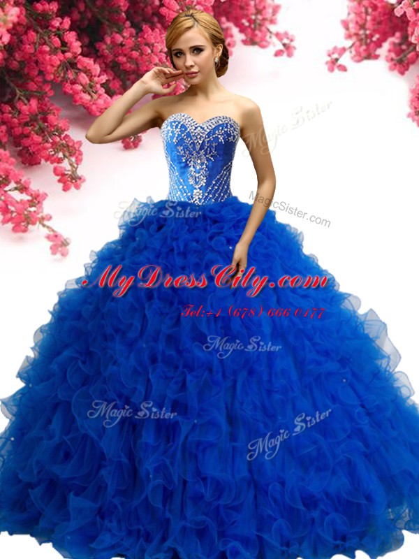 Lovely Sweetheart Sleeveless 15 Quinceanera Dress Floor Length Beading and Ruffles Royal Blue Tulle