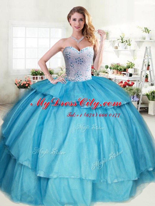 Latest Sweetheart Sleeveless Tulle Quinceanera Dresses Beading and Ruffled Layers Lace Up