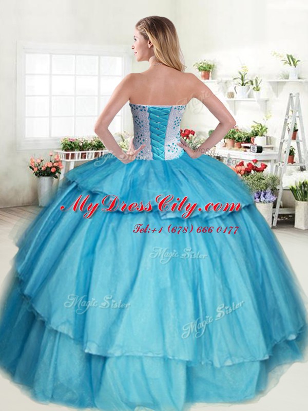 Latest Sweetheart Sleeveless Tulle Quinceanera Dresses Beading and Ruffled Layers Lace Up