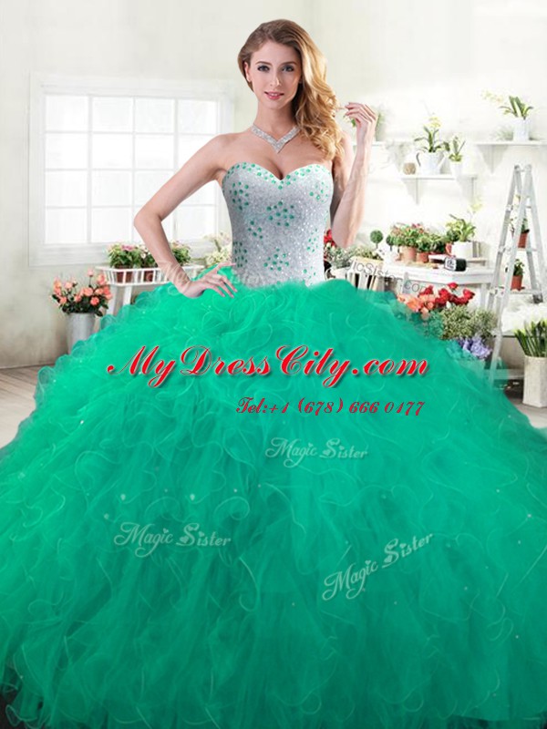 Trendy Green Lace Up Quinceanera Gowns Beading and Ruffles Sleeveless Floor Length