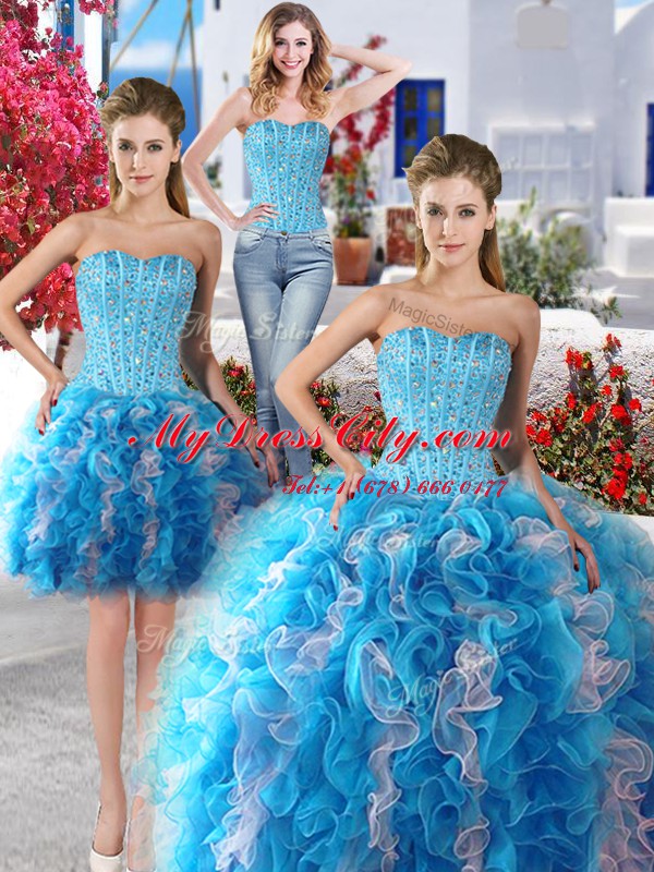 Ideal Three Piece Sleeveless Organza Floor Length Lace Up 15 Quinceanera Dress in White and Baby Blue with Beading