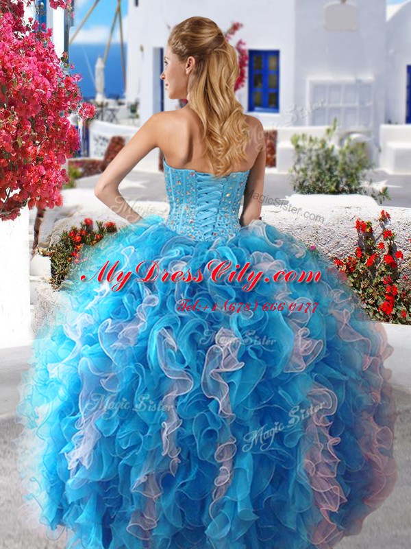 Ideal Three Piece Sleeveless Organza Floor Length Lace Up 15 Quinceanera Dress in White and Baby Blue with Beading