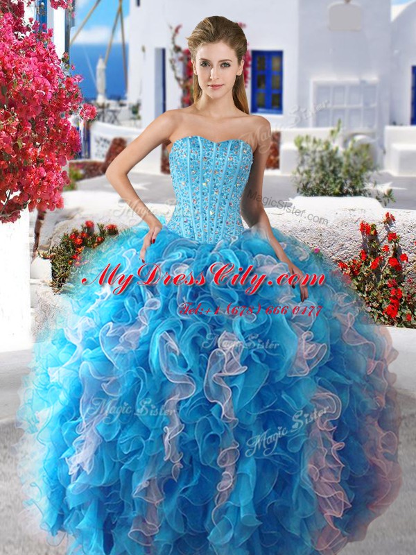 Ideal Three Piece Sleeveless Organza Floor Length Lace Up 15 Quinceanera Dress in White and Baby Blue with Beading