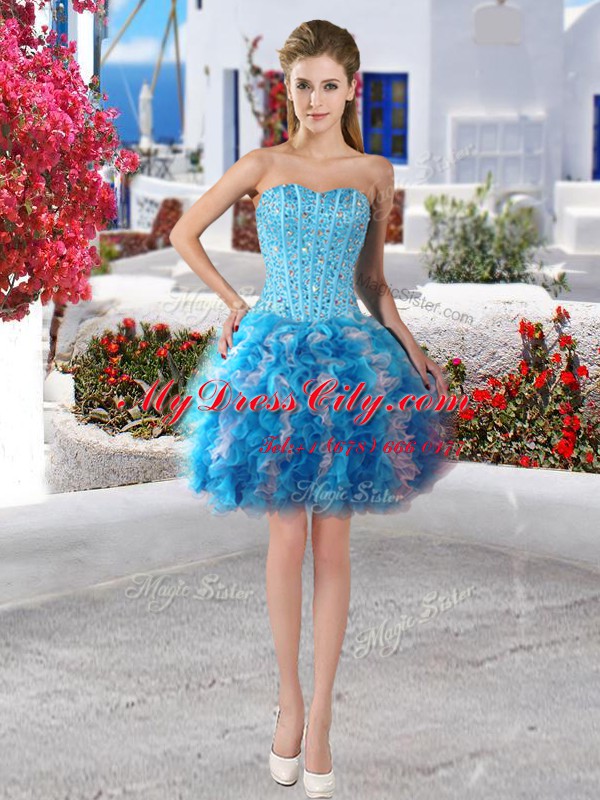 Ideal Three Piece Sleeveless Organza Floor Length Lace Up 15 Quinceanera Dress in White and Baby Blue with Beading