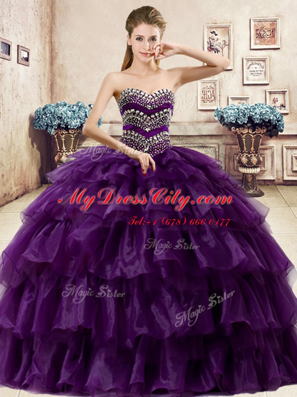 Organza Sleeveless Floor Length Sweet 16 Quinceanera Dress and Beading and Ruffled Layers