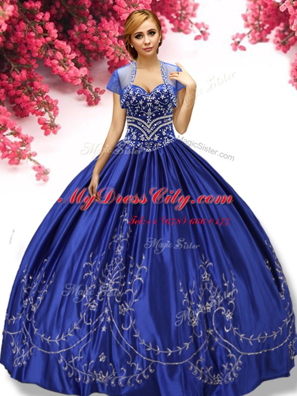 Elegant Royal Blue Taffeta Lace Up Sweetheart Sleeveless Floor Length Sweet 16 Quinceanera Dress Embroidery