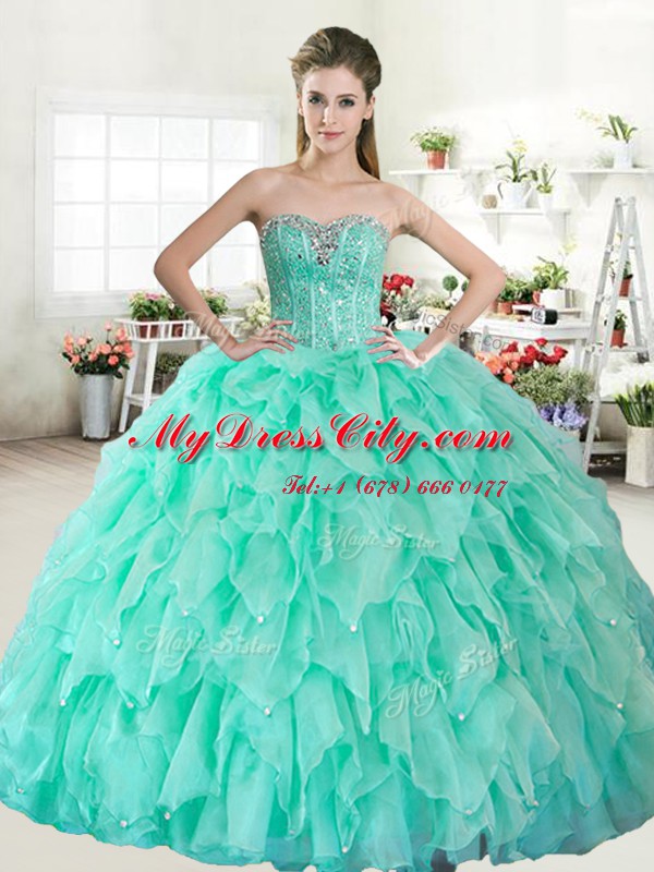 Apple Green Ball Gowns Beading Sweet 16 Quinceanera Dress Lace Up Organza Sleeveless Floor Length