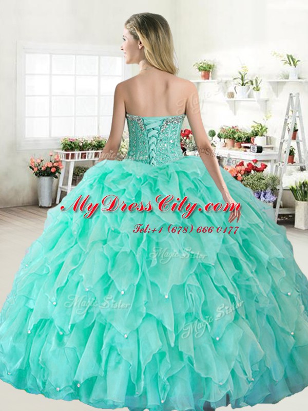 Apple Green Ball Gowns Beading Sweet 16 Quinceanera Dress Lace Up Organza Sleeveless Floor Length