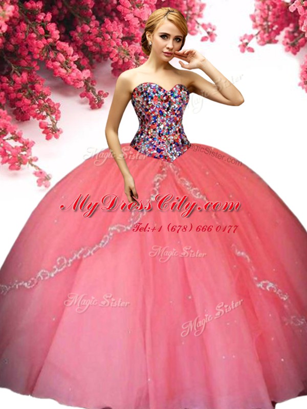 Artistic Tulle Sweetheart Sleeveless Lace Up Beading Quinceanera Gown in Watermelon Red