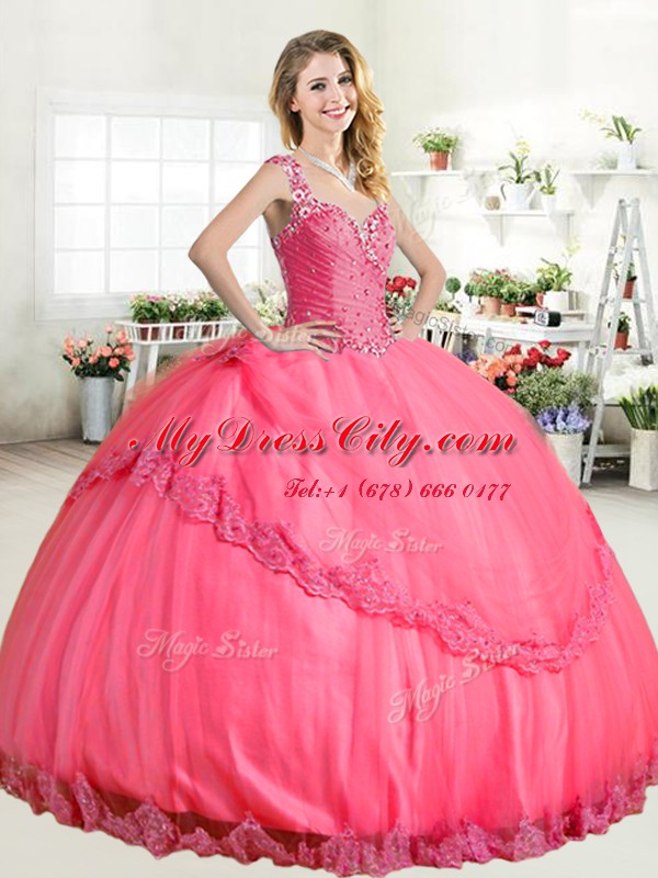 Halter Top Beading and Appliques Quinceanera Dress Hot Pink Lace Up Sleeveless Floor Length