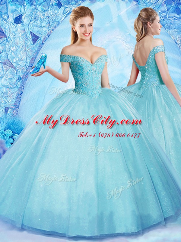 Classical Off the Shoulder Floor Length Aqua Blue 15th Birthday Dress Tulle Sleeveless Beading